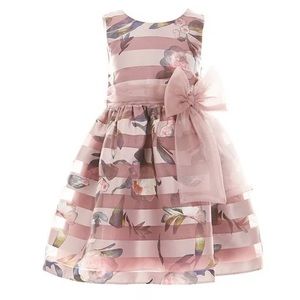 Little Girls 2T Organza Shadow Strip Botanical Print Fit-and-Flare Bow Dress